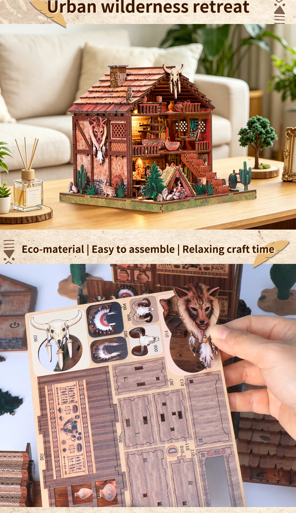 DIY Miniature Dollhouse Totem Book Nook Kit Coyote 3D Wooden Puzzle Building Blocks Puzzle Model Building Home Decoration Gifts