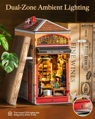 Rolife Wisdom Stationery Shop DIY Book Nook Kit 472-Piece Wooden Dollhouse 3D Puzzle DIY Miniature House Model Building Kit with LED Light for Bookshelf Decor Gift for Book Lovers
