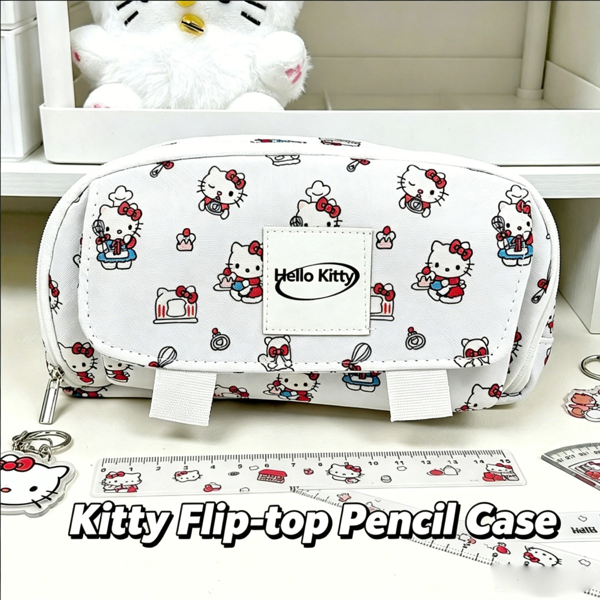 Hallo Kitty Cartoon Print Flap Pencil Case, Large Capacity Student Zippered Stationery Bag for Women Pencil Cases & Storage Bags