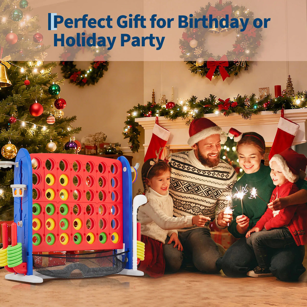 4-in-1 Giant Connect Game Set Adjustable Height, Basketball Hoop, Ring Toss and Net Jumbo Outdoor Yard Game for Families Events