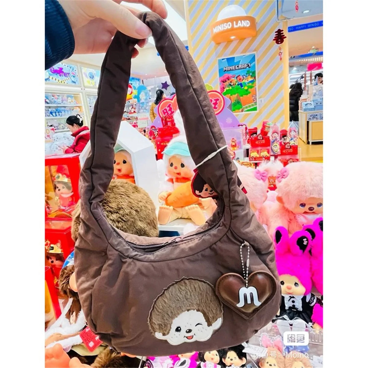 Monchhichi Cute Hobo Bag Soft Puffer Handbag Kawaii Embroidery Underarm Bag with Heart Pendant Casual Daily Tote Bag