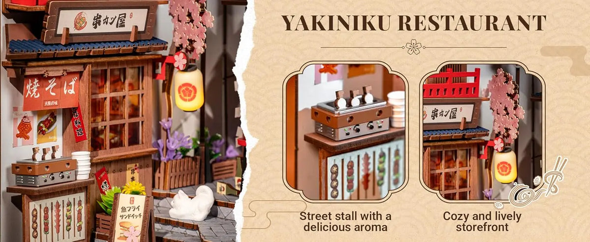 Robotime Sakura Wine Alley DIY Booknook with Lights DIY Miniature Dolls House Kit 3D Wooden Puzzle Bookend Bookshelf Decor Gift