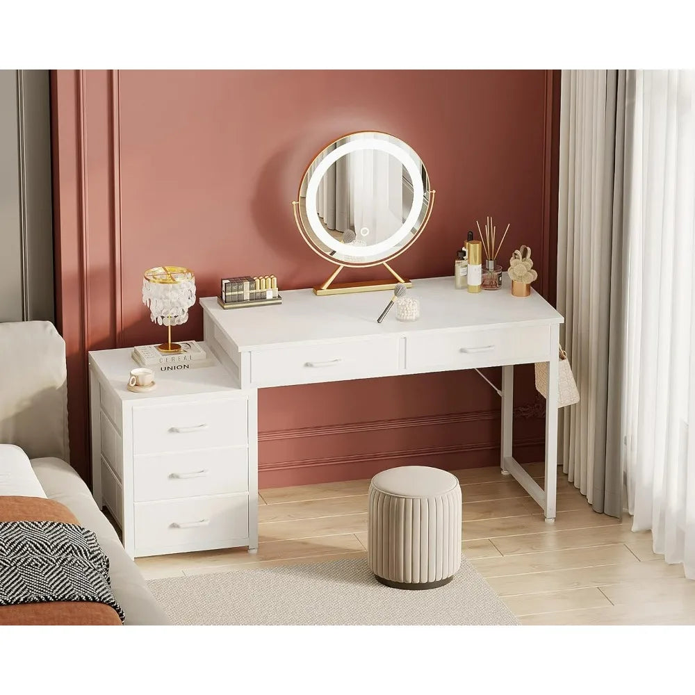 53 Inch White Computer Desk 5 Drawers Kids Study Desk Vanity Table for Girls Dressing Room Bedroom Home Office ODK