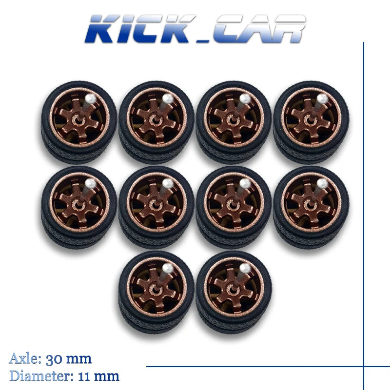 1/64 Wheels with Fixed Black Rubber Tires Six Spoke for Toy Model Diecast Cars Refitting Parts for MINIGT (5 Sets for 5 Cars)