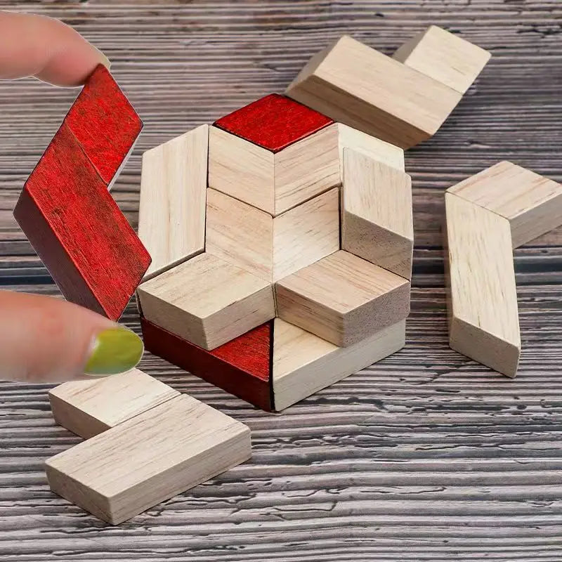Wooden 3D Puzzle Hexagonal IQ Logic Training Brain Teaser Mind Challenge Montessori Educational Gifts For Kids Boys Girls