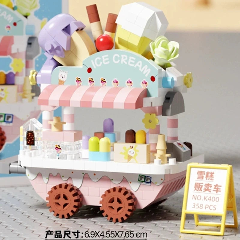 NEW DIY Coffee Car Buns Food Truck Ice Cream Store Flower Street View Building Blocks Kit Bricks Model Toy