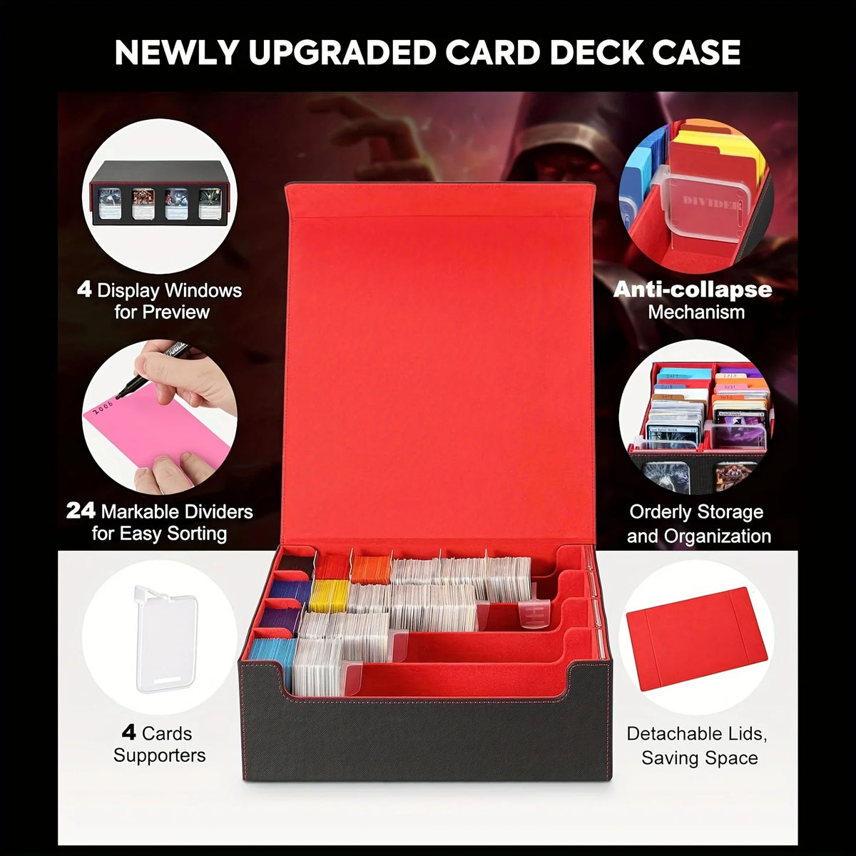 Trading Card Storage Box with Display; 4-Row Deck Case with Removable Lid; 2400+ Deck Box for with Removable Cover; Card Case Fits Magic TCG PTCG Sports Cards