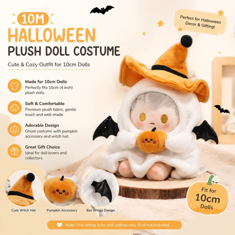 Cute 10cm Halloween Ghost Witch Hat Outfit with Pumpkin Prop for Cotton Plush Stuffed Dolls Adorable Doll Clothes
