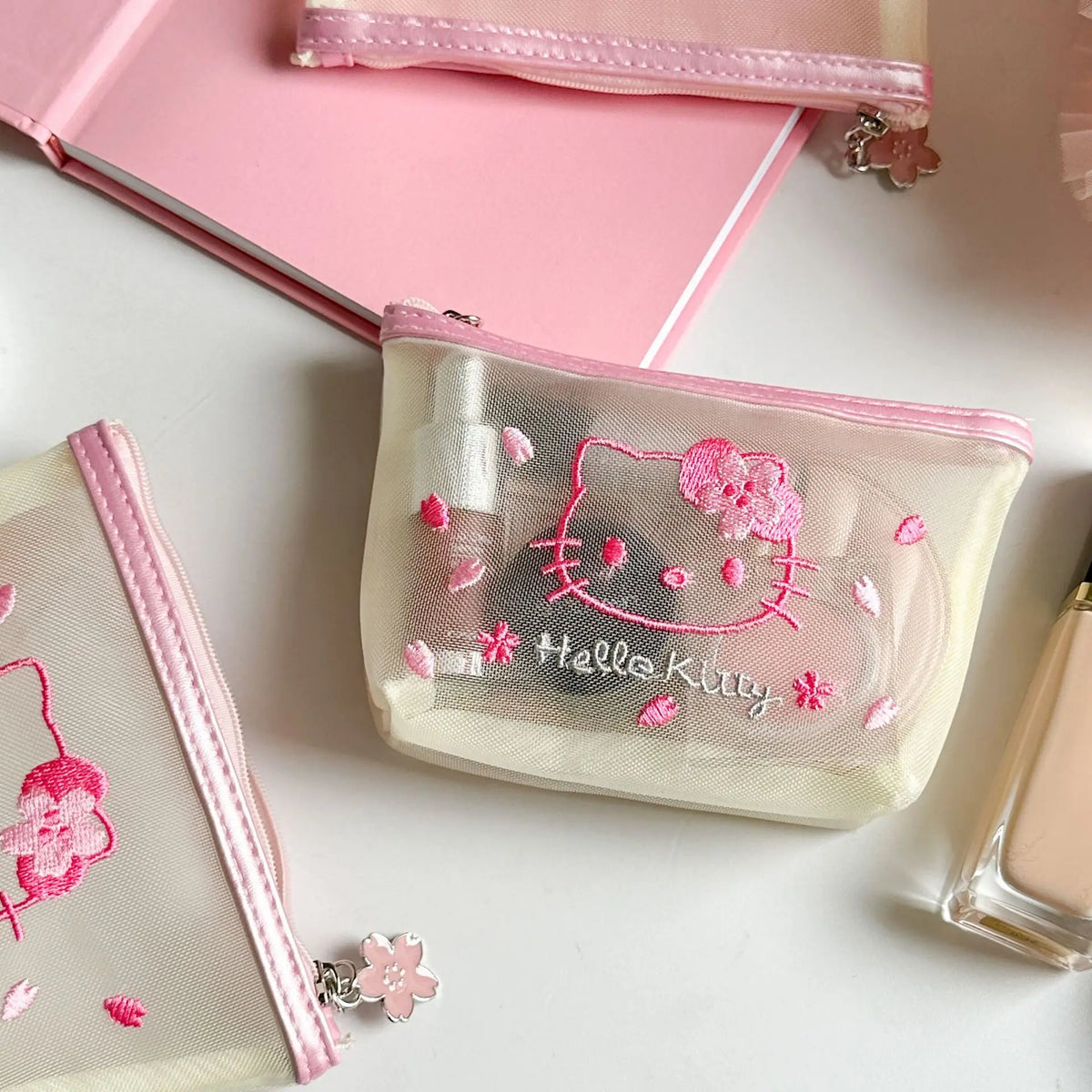 Hello Kitty Cartoon Peripheral Women's Makeup Storage Bag, Cute Hello Kitty Storage Bag with White Mesh and Pink Embroidery