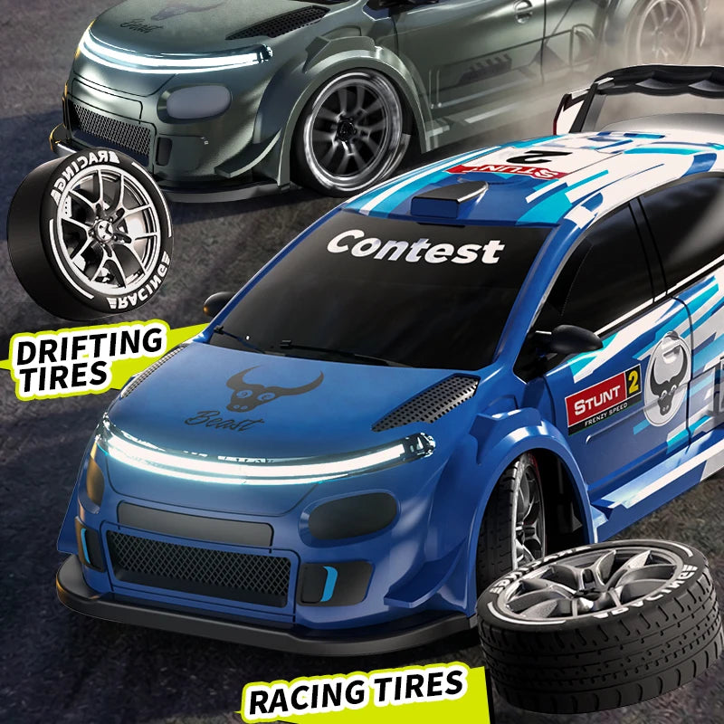1:24 Scale 4WD Drift RC Car 2.4G Remote Pearl Finish Large Tail Fin Replaceable Racing Drift Wheel Front Rear LED Light Toy Car