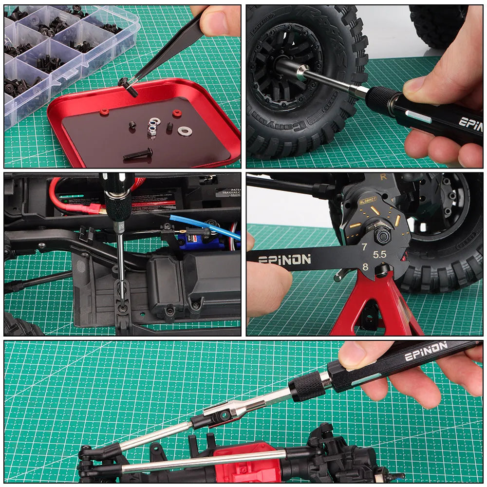 EPINON RC Car Repair Work Stand Repair Tool Set 360 Degree Rotation and 520 Pcs RC Screws Kit and RC Screwdrivers and Screws Pallet for 1/8 1/10 1/12 1/16 1/18 RC Car Crawler Truck Buggy