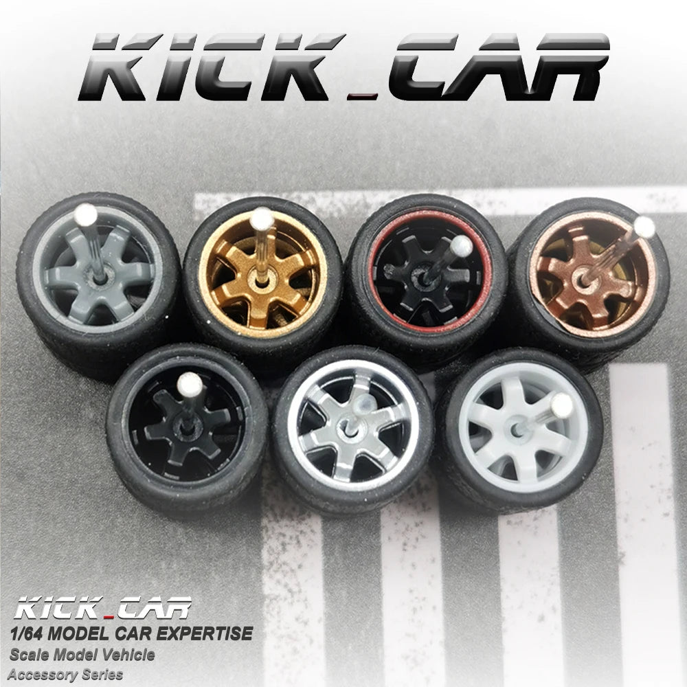 1/64 Wheels with Fixed Black Rubber Tires Six Spoke for Toy Model Diecast Cars Refitting Parts for MINIGT (5 Sets for 5 Cars)