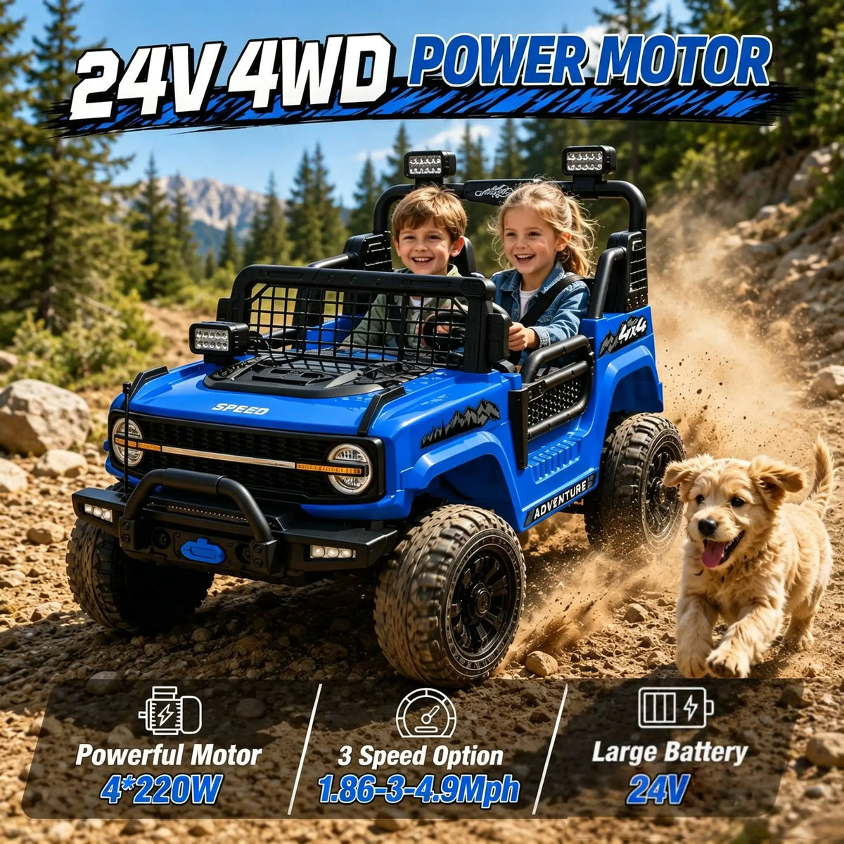 2 Seater 24V Kids Electric Ride On Off-Road Truck with Remote Control Bluetooth LED Lights, 2-Seat Ride On Vehicle Toy for Kids Boys Girls Gift