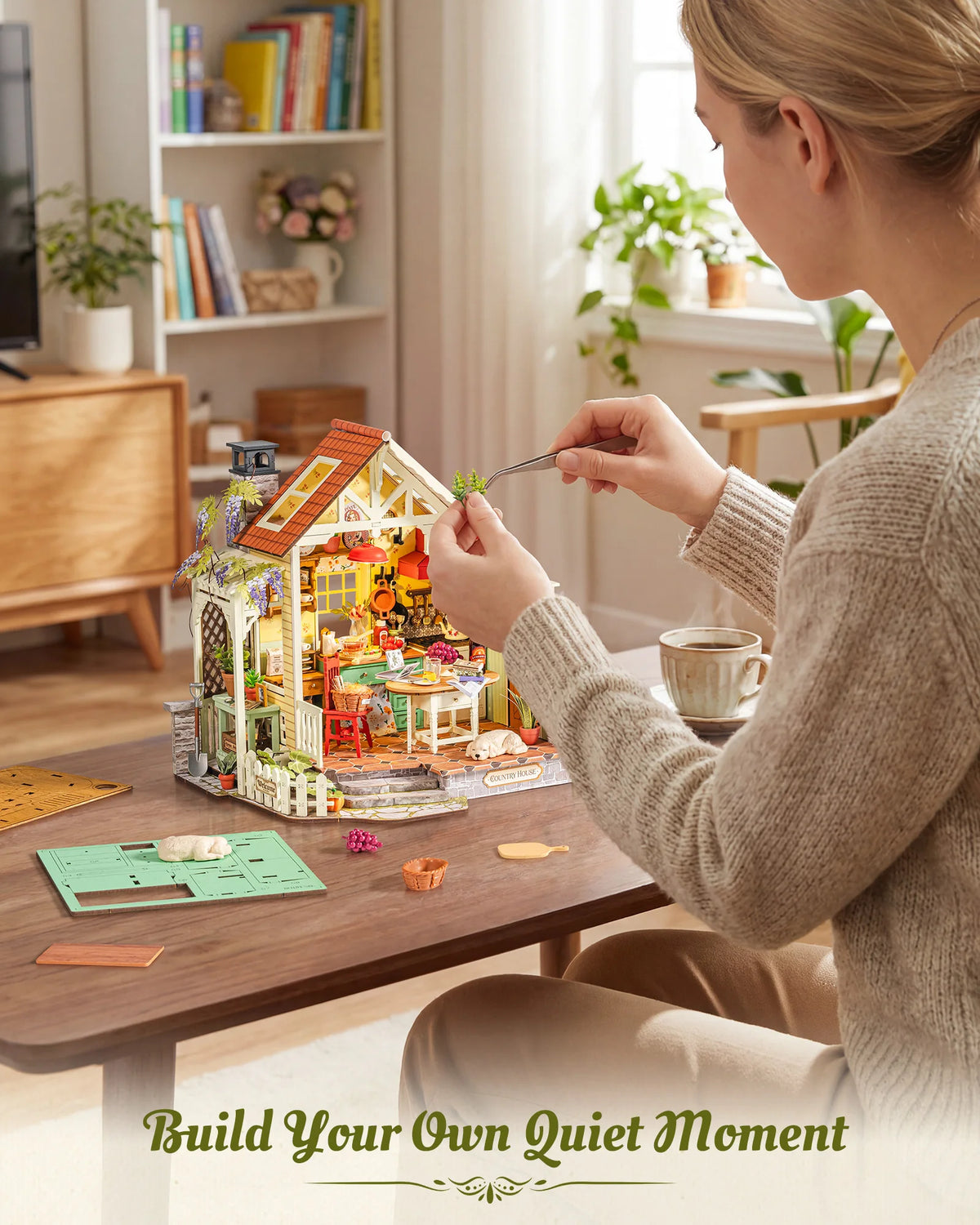 Rolife DIY Miniature House Kit 438-piece Sunlit Farmhouse Kitchen Wooden Dollhouse 3D Puzzle Tiny House Model Building Kit with LED Light Home Decor Gift for Adults Kids