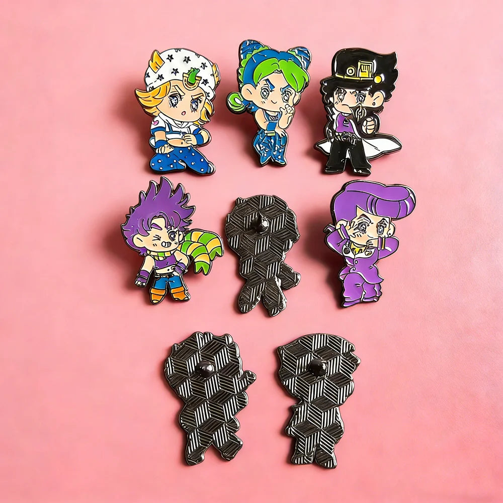 8Pcs Anime JoJo Enamel Pins Cute Chibi Hero Characters Jotaro Josuke Giorno Jolyne Lapel Pins Creative Brooch Badge Gift