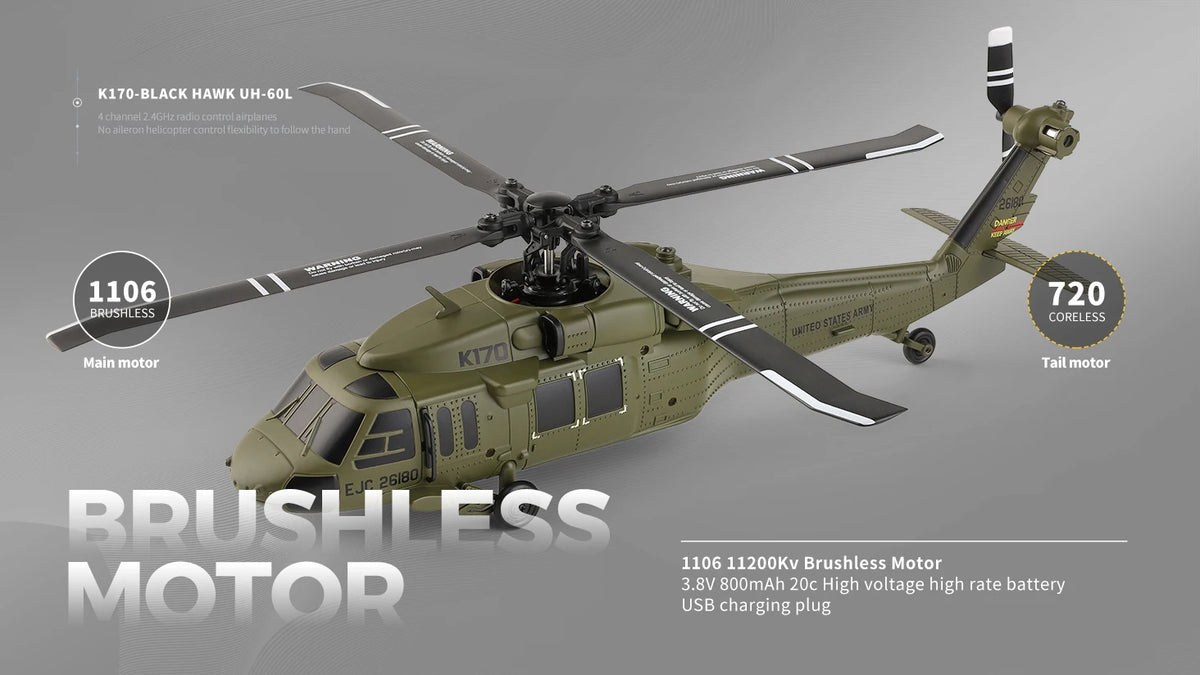 Wltoys K170 RC Helicopter UH-60L 4 Channel Remote Control Brushless Helicopters with Gyro and LED Light Durable Airplane Toy