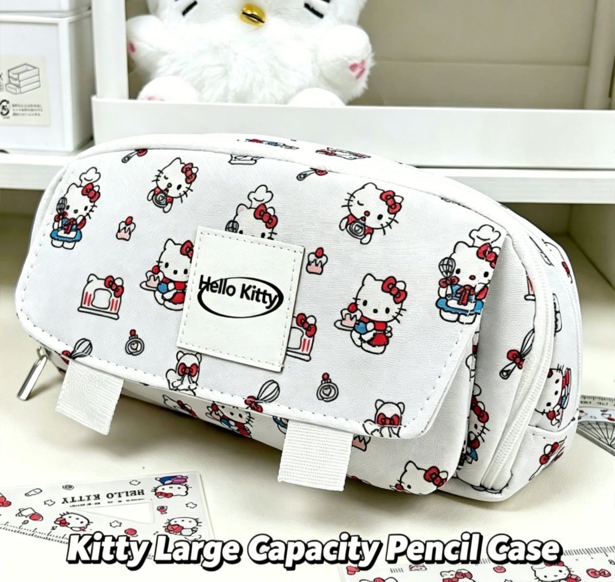Hallo Kitty Cartoon Print Flap Pencil Case, Large Capacity Student Zippered Stationery Bag for Women Pencil Cases & Storage Bags