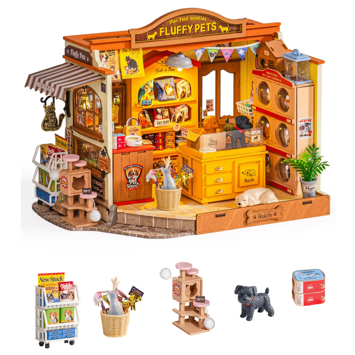 Rolife DIY Miniature House Kit Pet Store Dollhouse Wooden 3D Puzzle Model Building Kit with LED Light for Home Decor Suitable for Adults and Kids