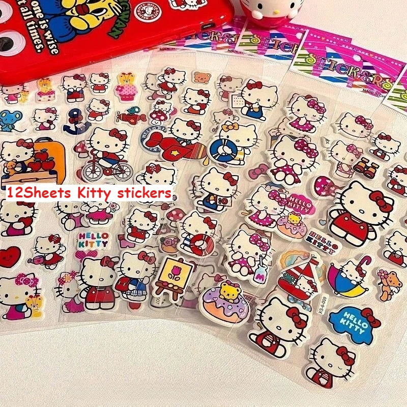 12Steets Kawaii Sanrio Hello Kitty Bubble Stickers Cute Three-Dimensional 3D Stickers Cartoon Kids Toys Gift DIY Decals