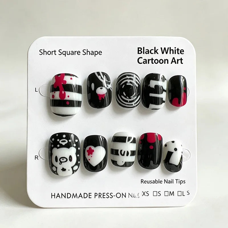 Sweet Cool Y2K Black White Contrast Press On Nails With Heart Music Note Cartoon Bear Print Unique Minority Reusable