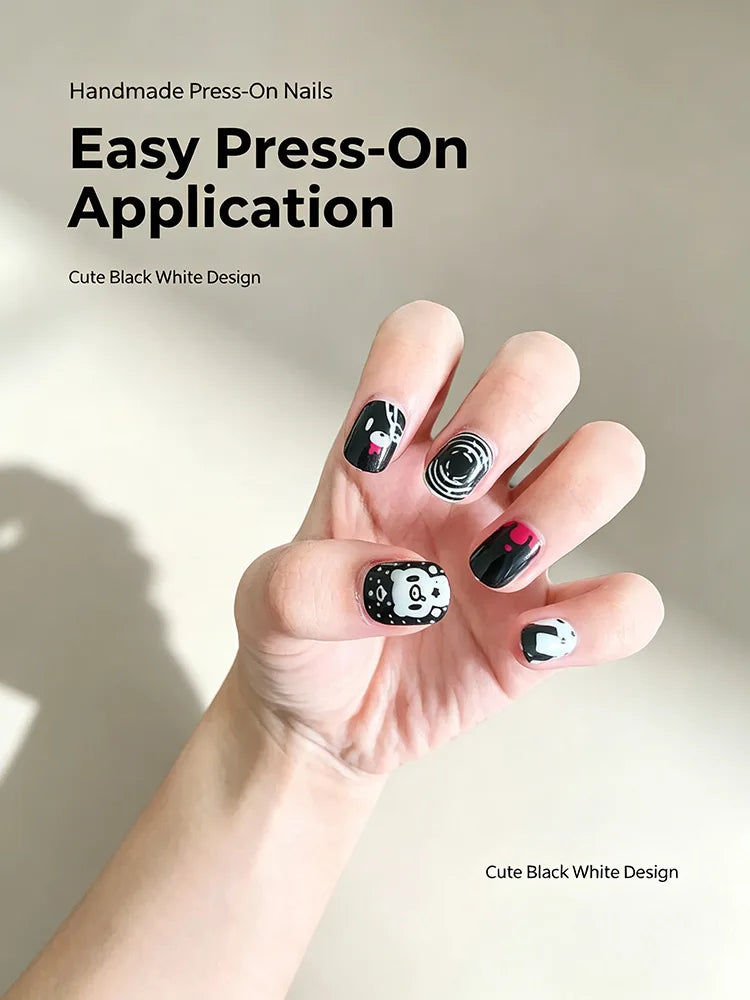 Sweet Cool Y2K Black White Contrast Press On Nails With Heart Music Note Cartoon Bear Print Unique Minority Reusable