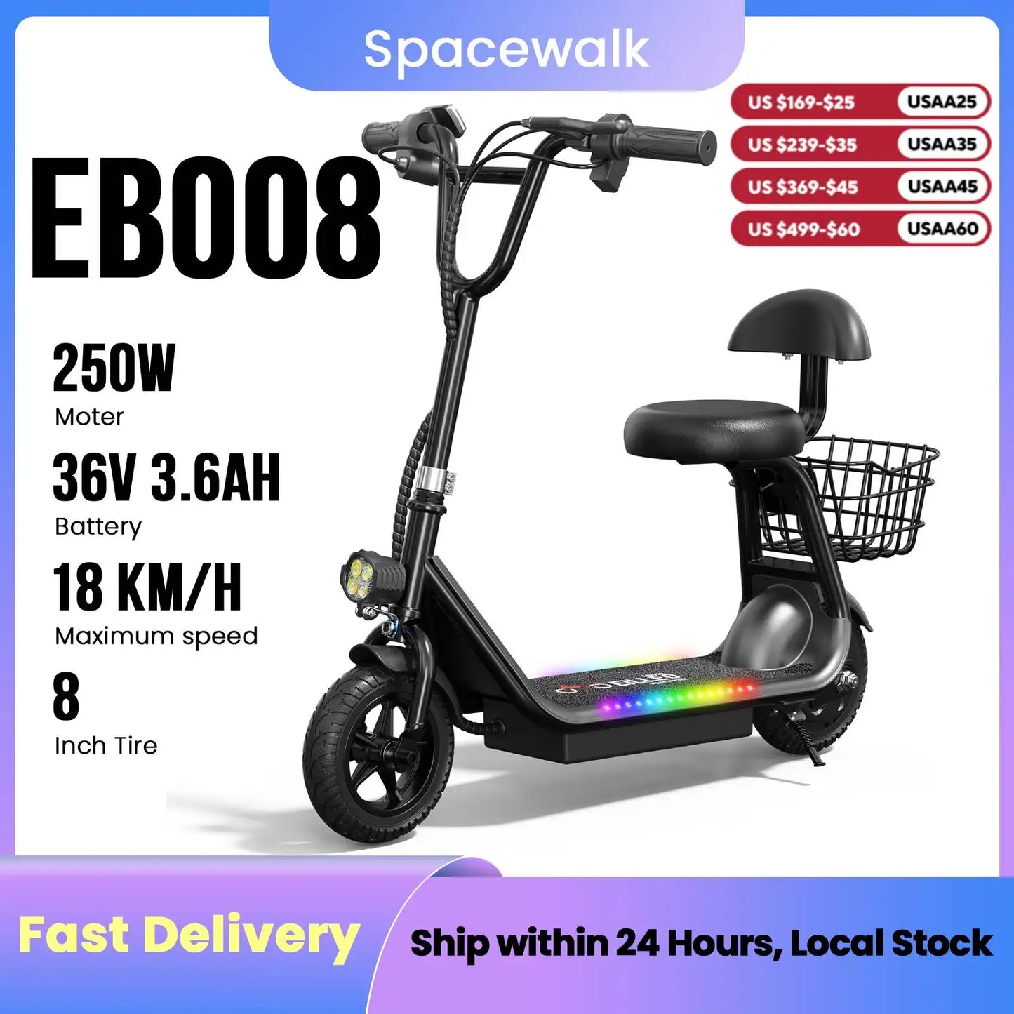 Spacewalk Kids Electric Scooter with Bluetooth Speaker Foldable Design Seat Carry Basket LED Light Strip 11MPH Speed 132lbs Max