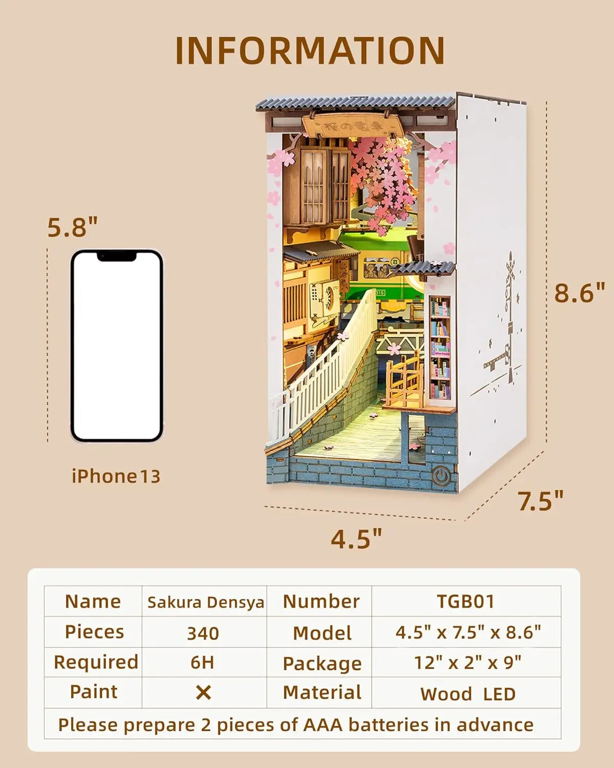 Robotime Rolife DIY Book Nook Japanese Sakura Densya in Books Series Wooden Miniature House with Furniture Doll House Kits Toy
