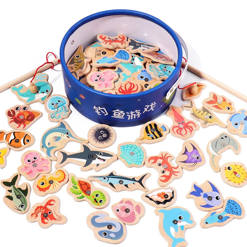 Wooden Magnetic Fishing Toys for Children Marine Life Cognition Fish Games Baby Early Educational Parent-child Interactive Toy