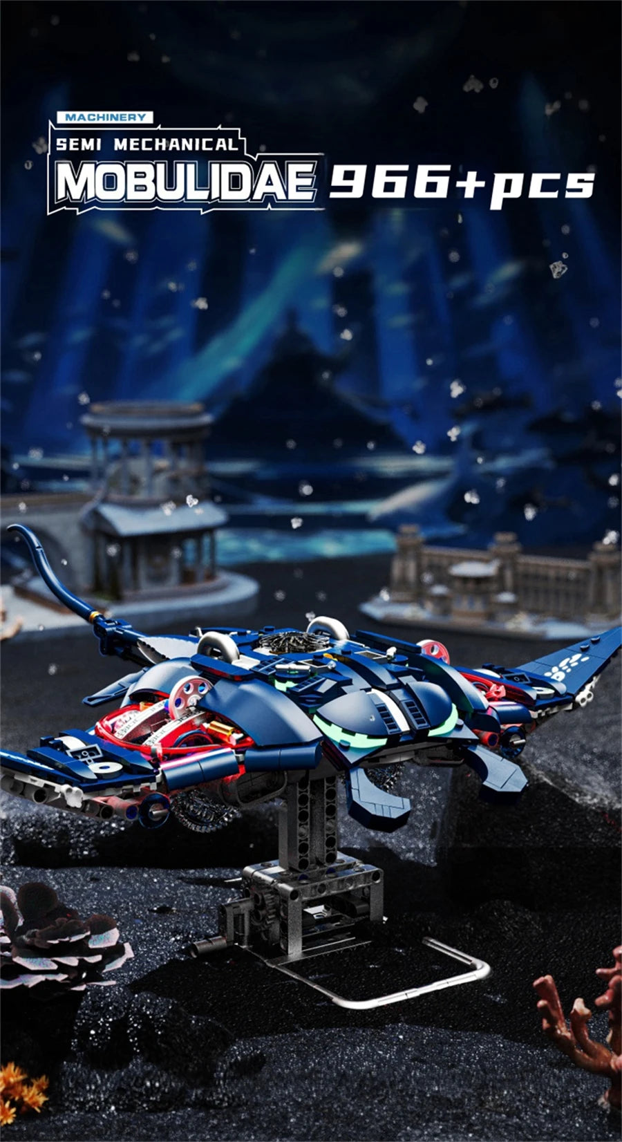 Mechanical Shark Building Set, Sea Life Crocodile Parrot Mantis Frog Manta Ray Building Blocks Light, Animal Toys Gift for Kid