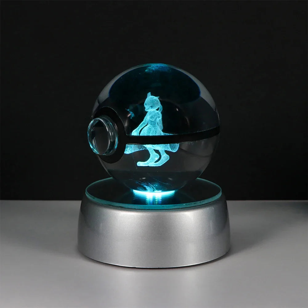 Pokemon 3D Crystal Ball Pikachu Gengar Eevee Mewtwo Anime Game Pokeball Led Night Light Base Kids Birthday Gift Home Decoration