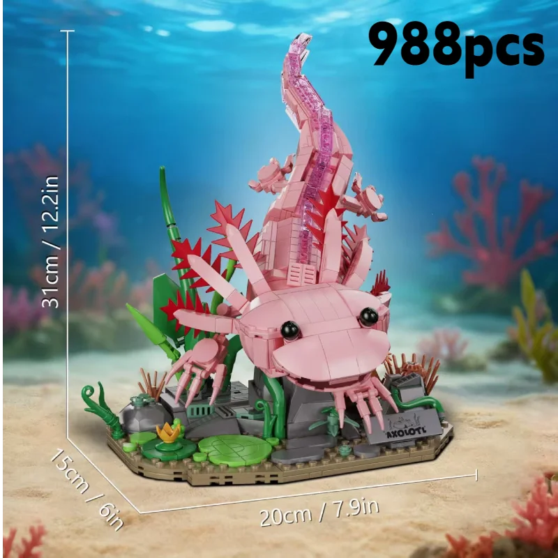 998Pcs Axolotl Building Blocks Set, Creative Amphibian Animal Model, DIY Assembly Bricks Toy, Desktop Decor Gift for Kids Adults