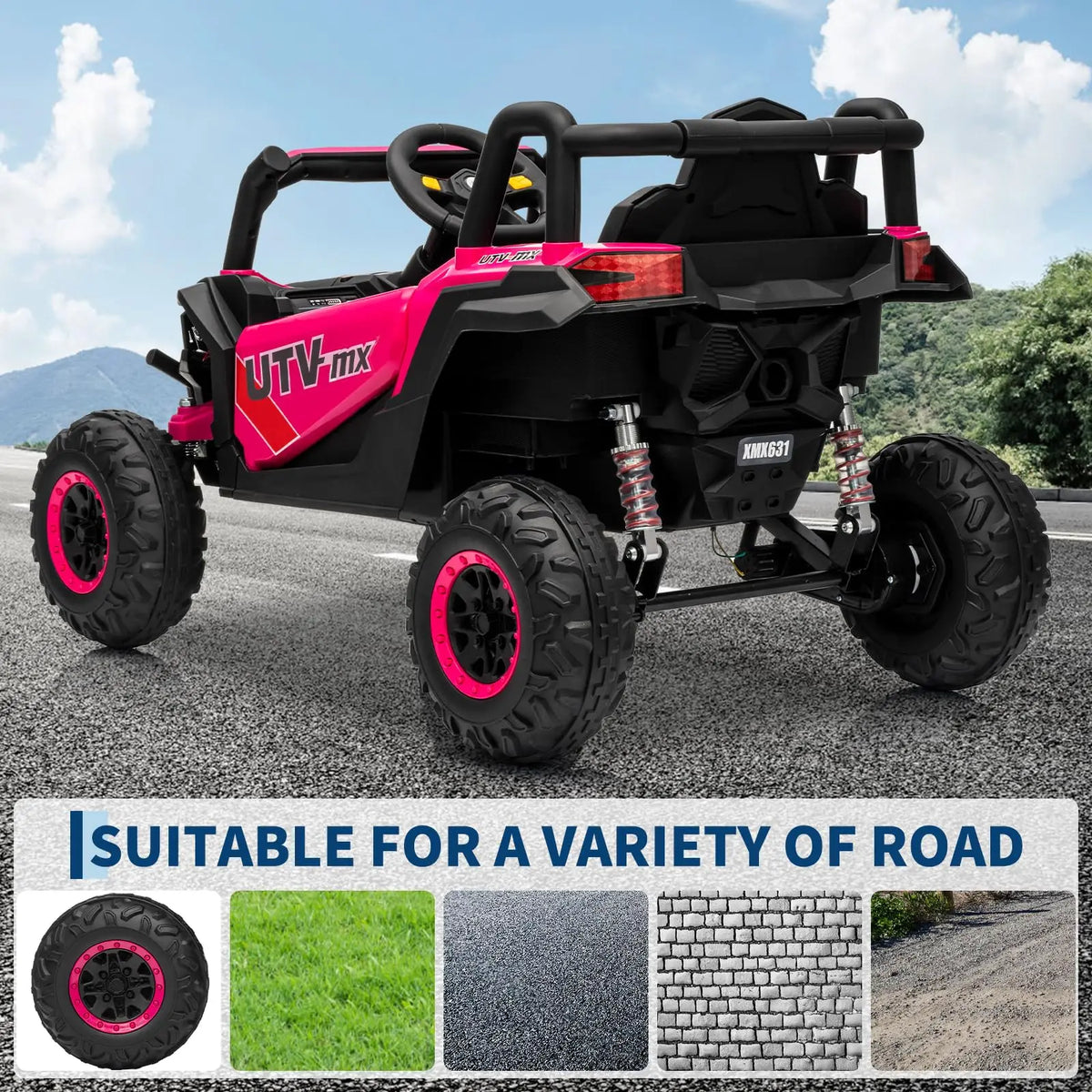 12V Kids Ride On Car UTV Truck With Remote Control 4WD/2WD Switchable Electric Vehicle With 4 Spring Suspension EVA Tires Safety Belt Double Open Doors Bluetooth Music LED Lights for Ages 3-8 Years