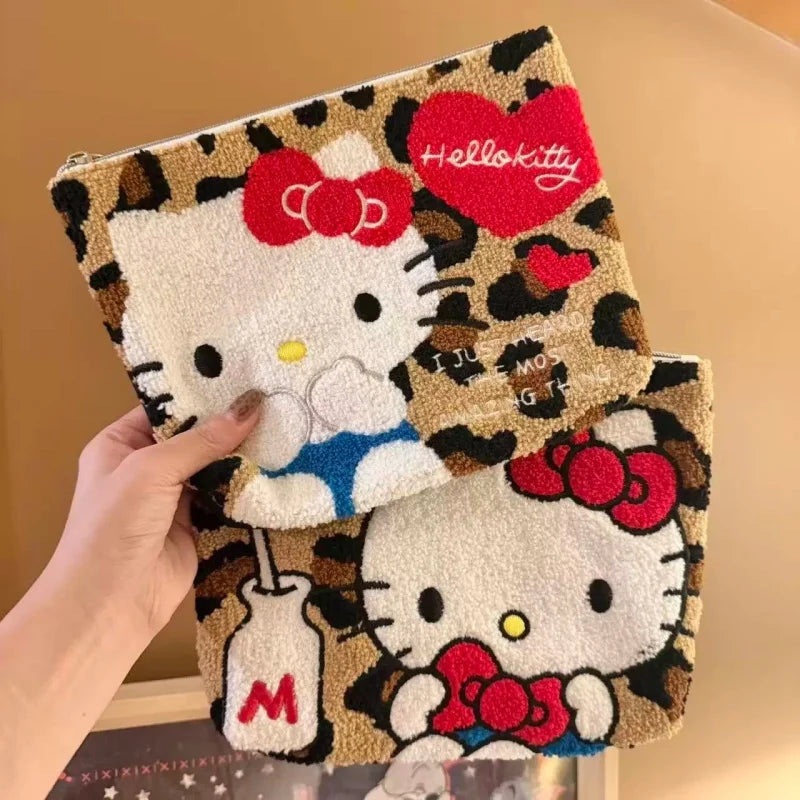 NEW Hello Kitty Leopard round Plush Storage Bag Black Leather Kitty cat Coin Wallet Makeup Travel Storage Large capacity BagGift
