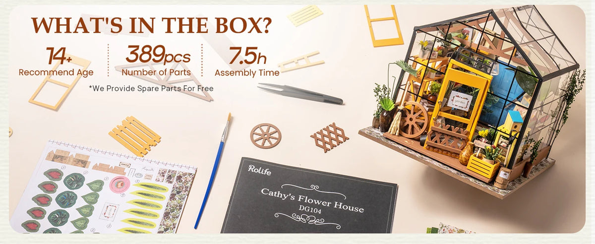 Rolife Wooden 3D Puzzle Cathy's Greenhouse DIY Miniature House Kit Mini Dollhouse Model Building Kit with LED Light for Home Decor Holiday Gift for Adults Teens