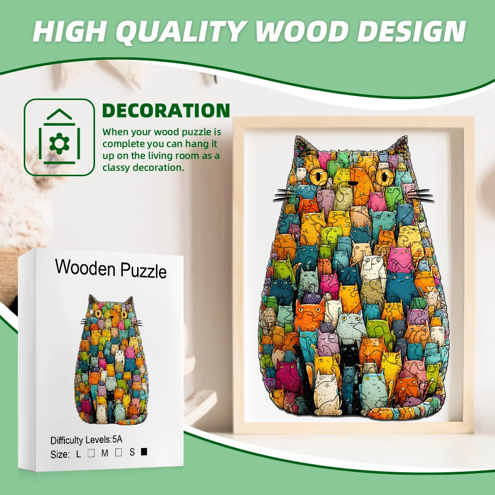 Wooden Cat Jigsaw Puzzle: High-Quality Waterproof Wood, Unique Shape Pieces, 4-6H Assembly, Home Decor & Family Fun Gift