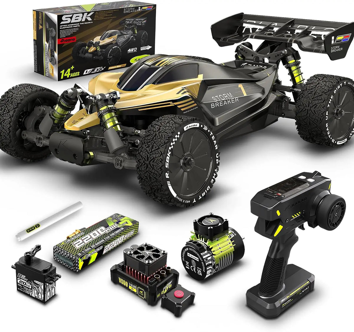 1/10 Scale 4WD Brushless RC Buggy, 50+ MPH, Carbon Fiber Body, 3650-2650KV Motor, 3S LiPo, Alloy Chassis, Sealed Diffs, 20kg Servo, 6CH Radio, Waterproof, All-terrain, for Ages 14+
