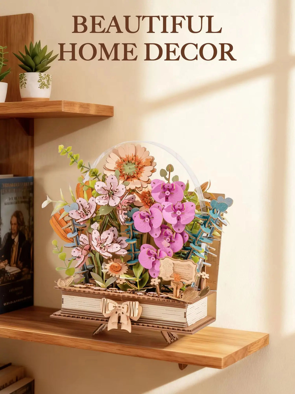 Rolife 3D Puzzle Wooden Blooming Book DIY Artificial Flower Bouquet Model Building Kit for Home Decor Wedding Mother's Day Valentine's Day Gift for Women Adults