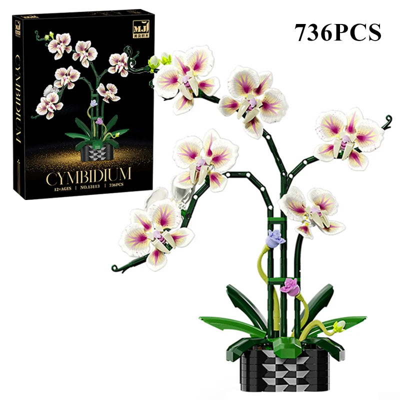 Creative Orchid Cymbidium Eternal Flowers Potted Plant Building Blocks Simulation Phalaenopsis DIY Bricks Toys Valentine's Gift