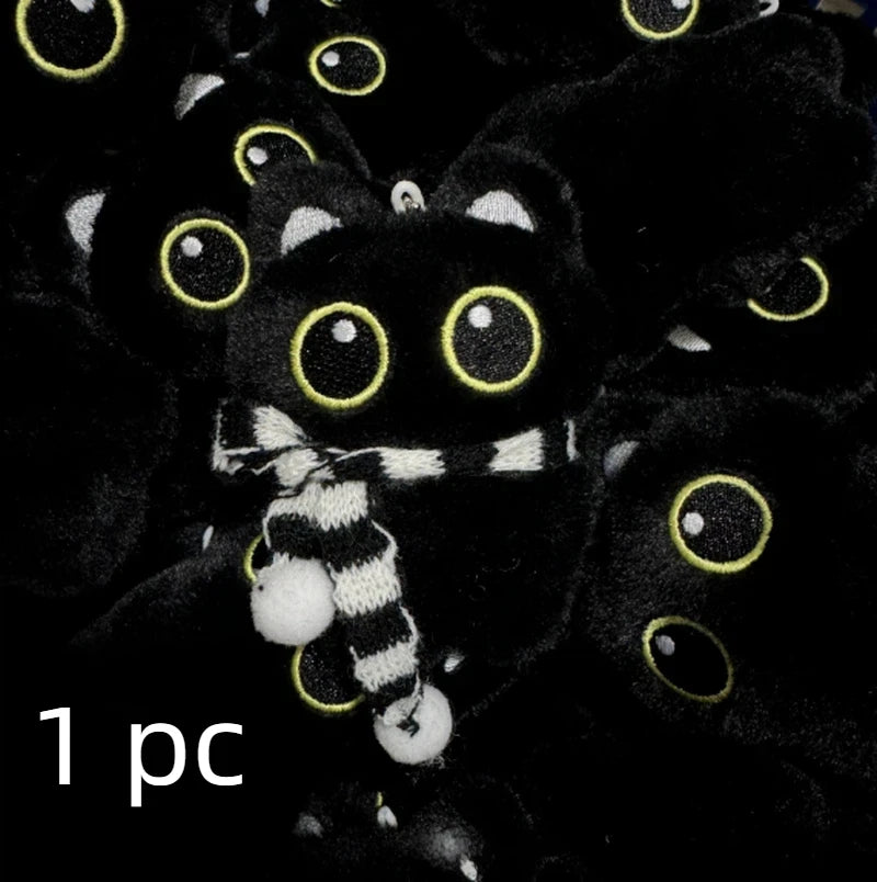 New Kawaii Big Eyes Cat Plush Doll With Scarf Black Cat Keychain Bag Pendant Cartoon Kitten Ornament Holiday Gift For Dear