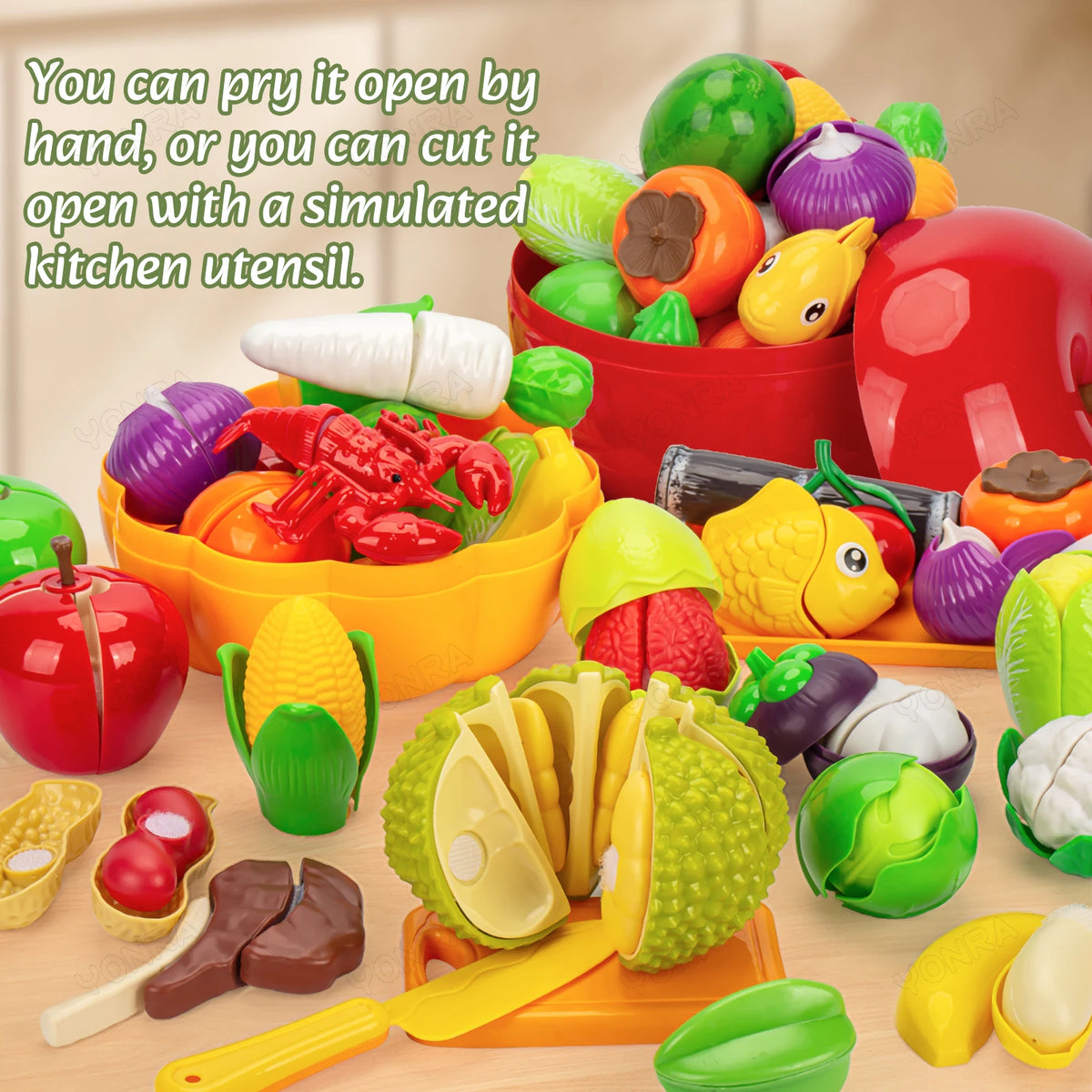 Cutting Play Food Toy for Kids Kitchen Pretend Fruit &Vegetables Accessories with Shopping Storage Basket Toy for Toddler Gift