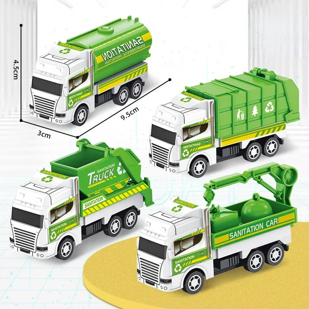 4Pcs Kids Toy Car Inertia Sanitation Truck Models Pull Back Engineering Vehicle Boys Toys for Children Ideal Gifts for Boys Kids