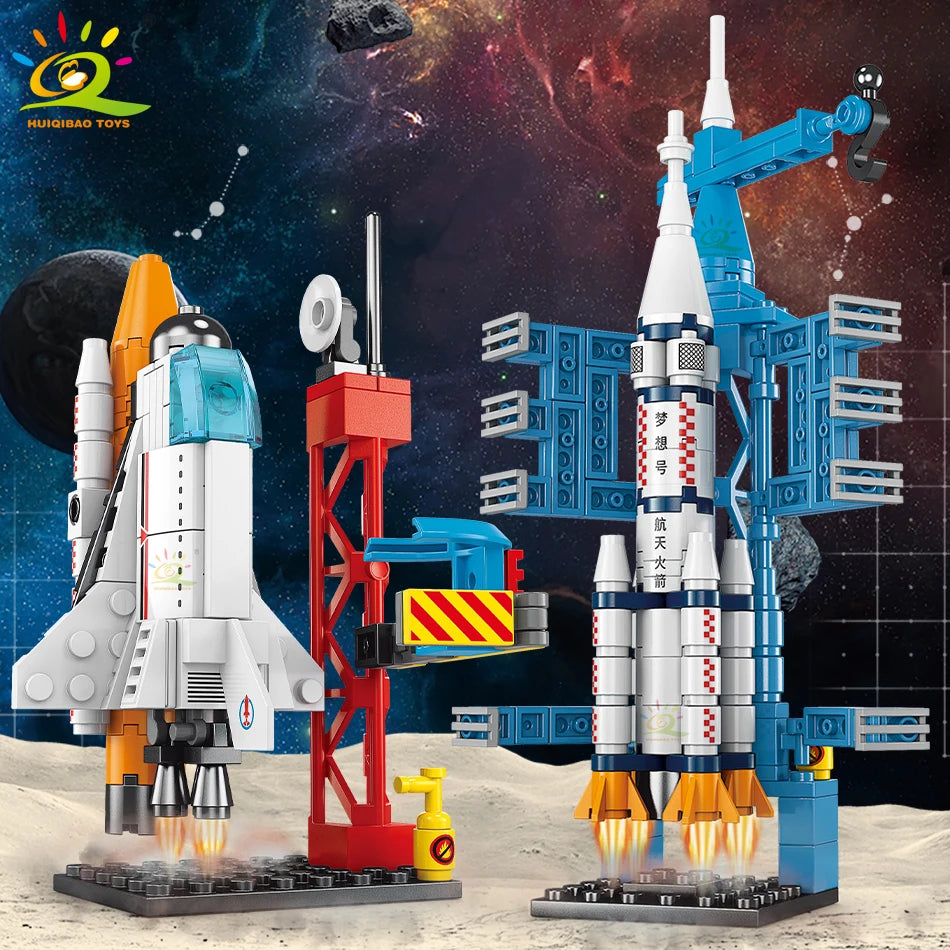 HUIQIBAO Mini Space Aviation Manned Rocket Model Building Blocks City Aerospace Bricks Children Construction Toys for Kids