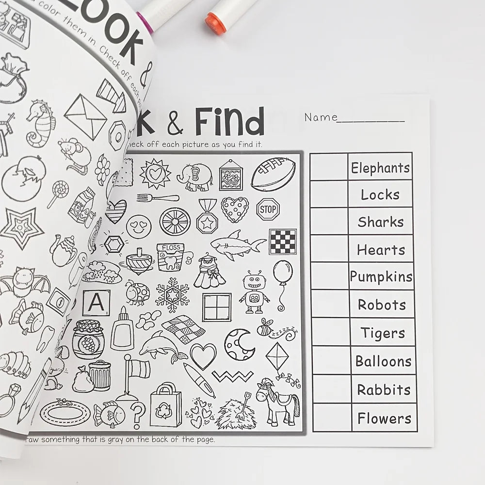 32-Page Search-And-Color Activity Book, Fun Focus and Attention Exercises, Educational Early Learning Tool for Home and School Use