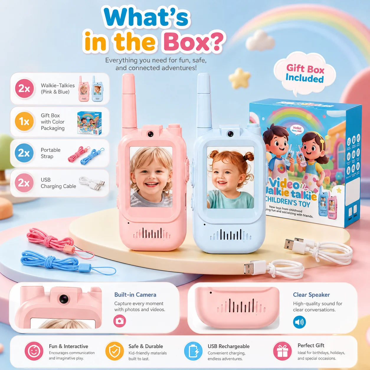 2PCS Children's Video Intercom USB Charging Indoor and Outdoor High Definition Intercom Children's Toys Birthday Gifts Ages 3-12