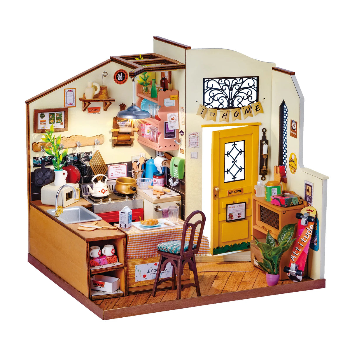 Rolife DIY Miniature House Kit Cozy Kitchen 3D Wooden Puzzle Dollhouse Building Model Kit for Home Decor Gift for Adults Friends