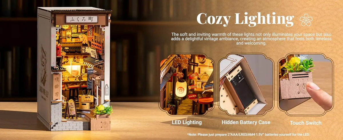 Robotime Sakura Wine Alley DIY Booknook with Lights DIY Miniature Dolls House Kit 3D Wooden Puzzle Bookend Bookshelf Decor Gift