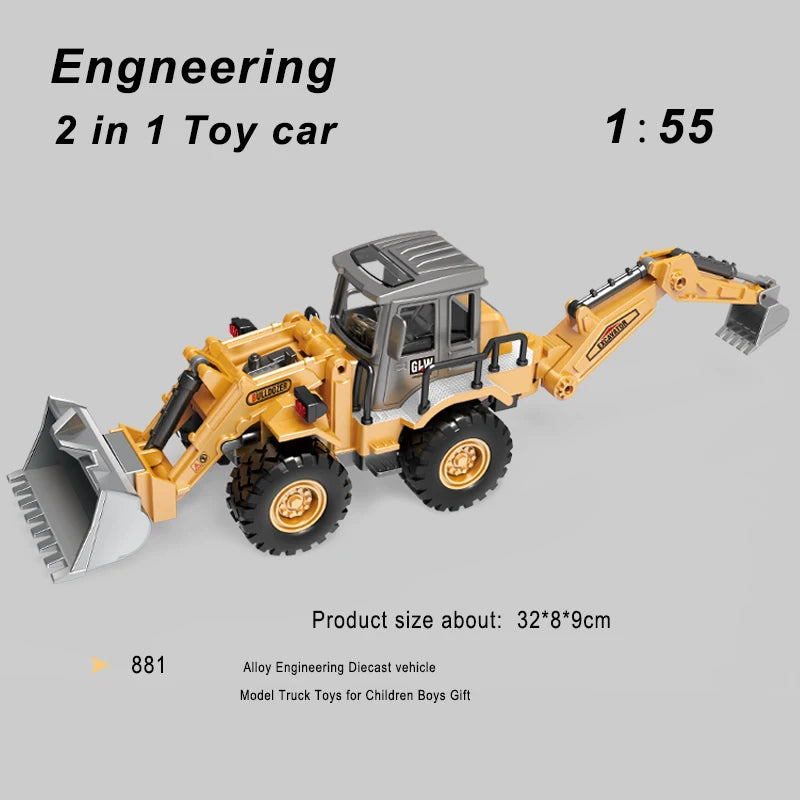 2 Sizes Simulation 2in1 Bulldozer Excavator Vehicle Double Forklift Alloy Toys Diecast Engineering Truck Construction Boys Gifts