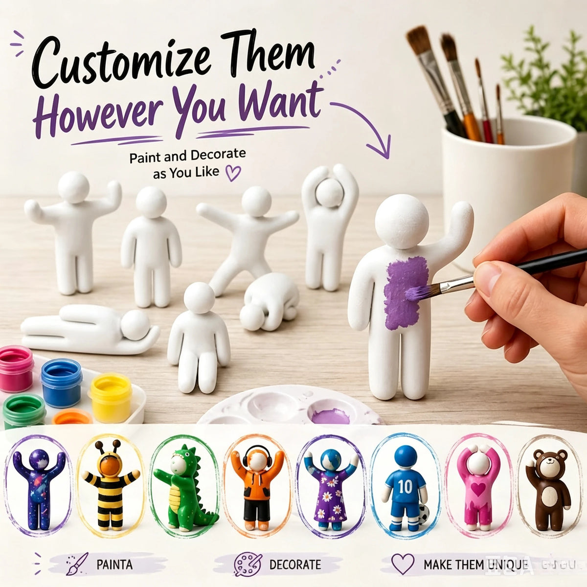 Hide & Blend Blank Little People Sculpture Kit, 8 Poses Paintable Mini Human Figurines, 3D Printed DIY Model for Home Decoration