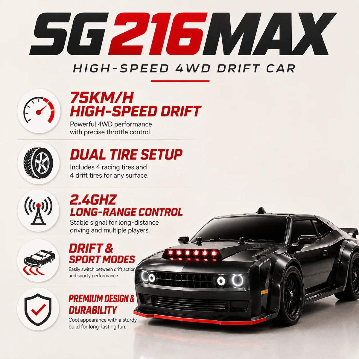 ZNLYRION Remote Control RC Drift CarToy SG216MAX 4WD 1:16 Scale 2.4G Brushless Racing Car With LED Lights for Adults