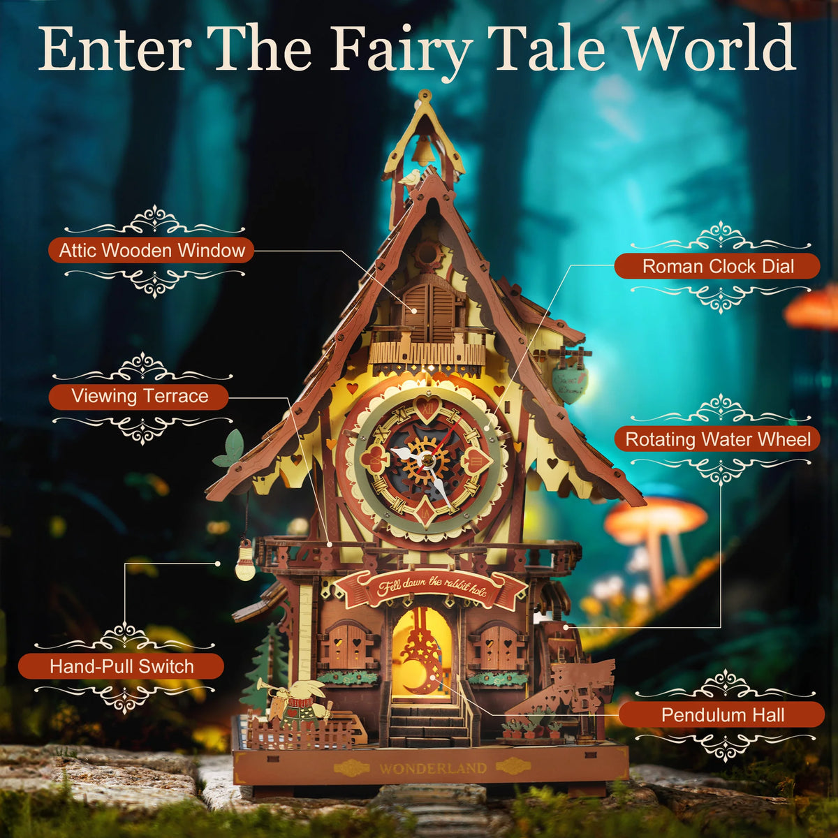 ROKR Wooden 3D Puzzle Cuckoo Clock Mechanical Model Building Kit 435 Pieces DIY Craft Kit with 2 Light for Home Decor Brain Teasers Jigsaw Toys for Adults Teens